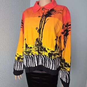 Vintage Y2K Gaudy Couture Safari Sunset Jacket L Beaded Giraffe Art to Wear